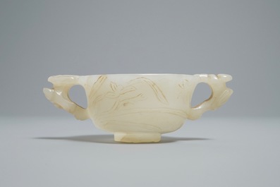 A Chinese pale celadon jade libation cup, 18/19th C.