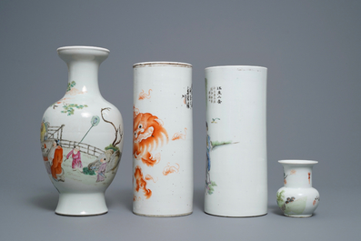 Four Chinese famille rose and qianjiang cai vases and a dish, 19/20th C.