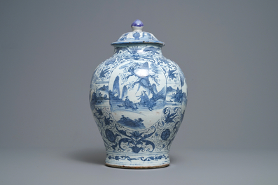 A Chinese blue and white vase and cover with figural design, Wanli