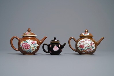 Three Chinese famille rose capucin- and black-ground teapots, Yongzheng/Qianlong