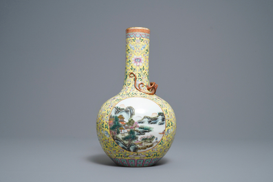 A Chinese famille rose bottle vase with landscape medallions, Qianlong mark, Republic