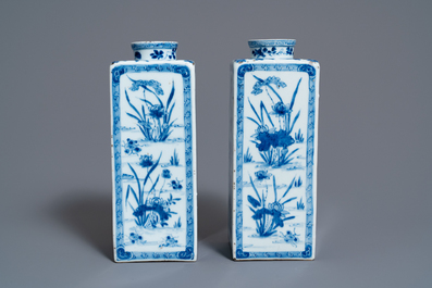 A pair of Chinese blue and white tea caddies with floral design, Kangxi