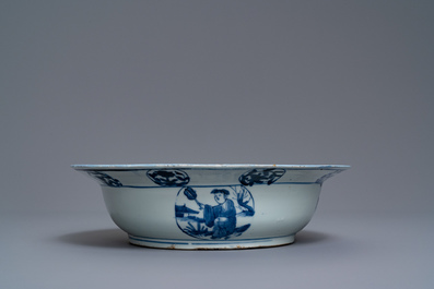 A Chinese blue and white basin with figures in a landscape, Wanli