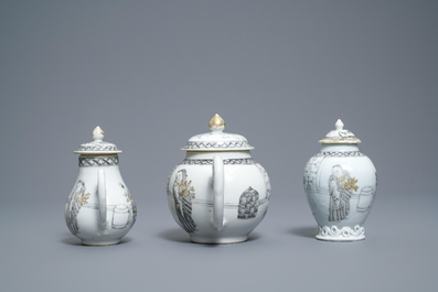 A Chinese grisaille 15-piece tea service with 'brothel' design, Yongzheng/Qianlong