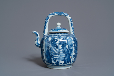 Een Chinese blauw-witte wijnkan met figuren, Wanli