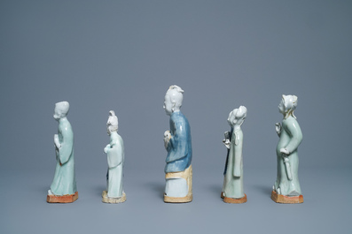 Eight Chinese blue, white and celadon-glazed biscuit models, Qianlong/Jiaqing