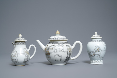 A Chinese grisaille 15-piece tea service with 'brothel' design, Yongzheng/Qianlong