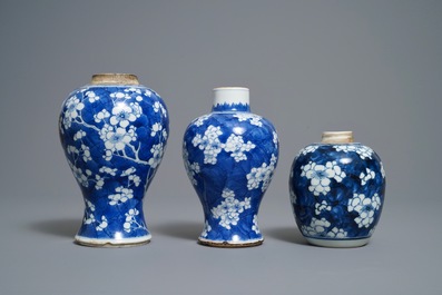 Three Chinese blue and white 'prunus on cracked ice' vases, Kangxi