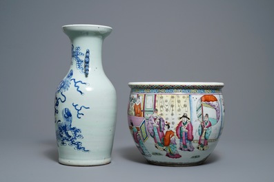 A Chinese blue and white celadon vase and a famille rose jardini&egrave;re, 19th C.