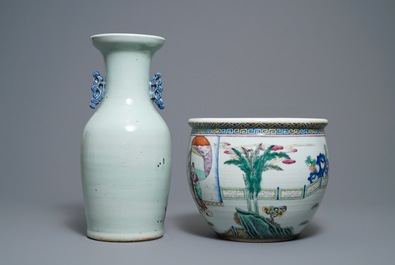 A Chinese blue and white celadon vase and a famille rose jardini&egrave;re, 19th C.