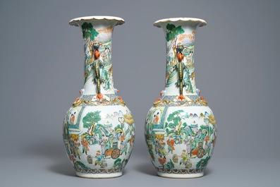 A pair of Chinese Canton famille verte vases with dragon handles, 19th C.