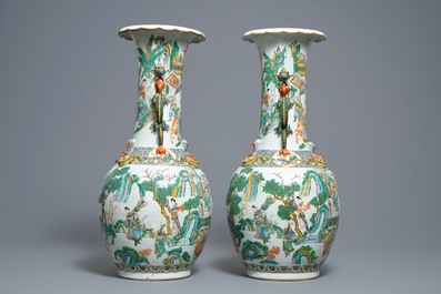 A pair of Chinese Canton famille verte vases with dragon handles, 19th C.