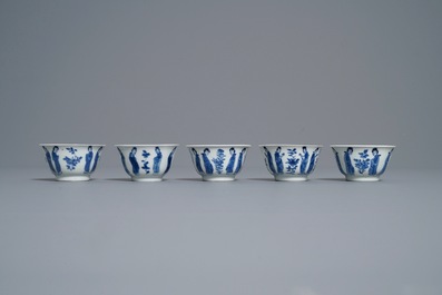 Ten Chinese blue and white 'Long Eliza' cups and saucers, Kangxi