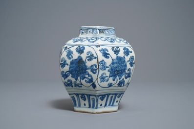 A Chinese hexagonal blue and white 'lotus scroll' vase, hare mark, Wanli