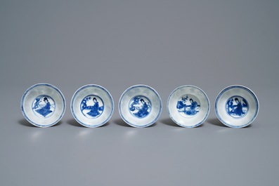 Ten Chinese blue and white 'Long Eliza' cups and saucers, Kangxi