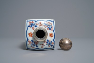 A Chinese square Imari-style silver-mounted bottle, Kangxi