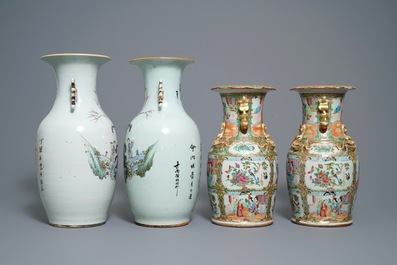 Three pairs of Chinese Canton, famille rose and Nanking vases, 19th C.