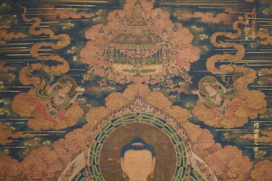 Ecole chinoise, dat&eacute; 1454, encre et couleurs sur soie: Portrait du Bouddha Shakyamuni