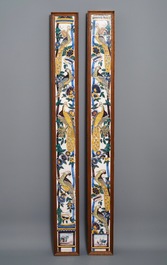 A pair of vertical polychrome Dutch Delft tile murals with peacocks, late 18th C.