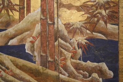 Tosa school, Japan, 16/17th C., a screen with ink, colour and gold on paper: a shore with bamboo and rocks