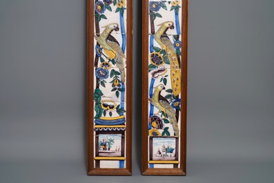 A pair of vertical polychrome Dutch Delft tile murals with peacocks, late 18th C.