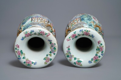 A pair of large Chinese famille rose vases with narrative design, 19th C.