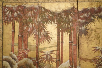 Tosa school, Japan, 16/17th C., a screen with ink, colour and gold on paper: a shore with bamboo and rocks