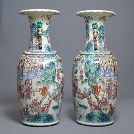 A pair of large Chinese famille rose vases with narrative design, 19th C.