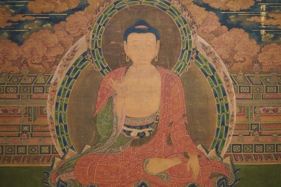 Ecole chinoise, dat&eacute; 1454, encre et couleurs sur soie: Portrait du Bouddha Shakyamuni