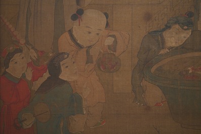 Chinese school, after Su Hanchen (1094-1172), ink and colour on silk: a lady and children near a fish bowl