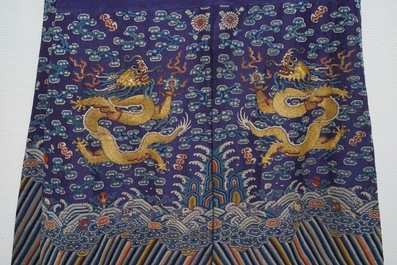 A Chinese embroidered silk purple-ground five-clawed dragon robe, 'jifu', 19th C.