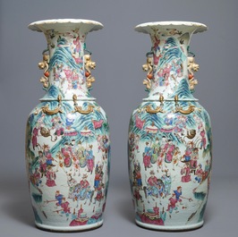 A pair of large Chinese famille rose vases with narrative design, 19th C.