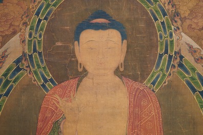 Ecole chinoise, dat&eacute; 1454, encre et couleurs sur soie: Portrait du Bouddha Shakyamuni