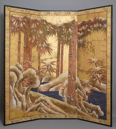 Tosa school, Japan, 16/17th C., a screen with ink, colour and gold on paper: a shore with bamboo and rocks