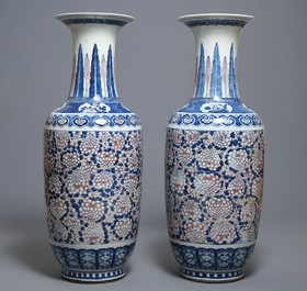 A pair of large Chinese blue, white and underglaze red vases, 19th C.