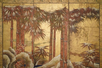 Ecole de Tosa, Japon, 16/17&egrave;me, &eacute;cran &agrave; l'encre, couleurs et or sur papier: un rivage au bambou