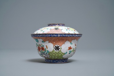 A Chinese Canton enamel covered bowl with flowers and butterflies, Qianlong/Jiaqing