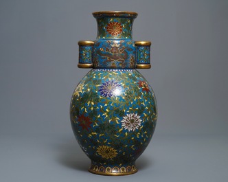 A large Chinese cloisonn&eacute; hu vase with lotus scrolls, marked Qi Yu Bao Tung Chih Chen, 19th C.