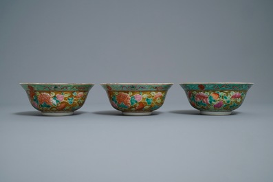Three Chinese famille rose Straits or Peranakan market bowls, 4-character mark, 19th C.