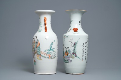 Two Chinese qianjiang cai vases with ladies in a garden, 19/20th C.