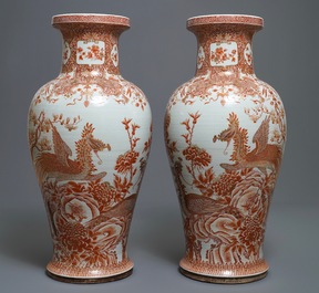 A pair of large Chinese iron red and gilt 'phoenixes' vases, Qianlong