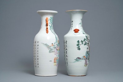 Two Chinese qianjiang cai vases with ladies in a garden, 19/20th C.