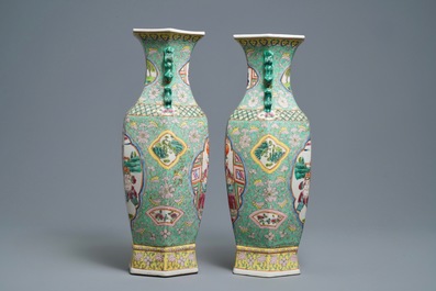 A pair of Chinese hexagonal famille rose vases, 20th C.