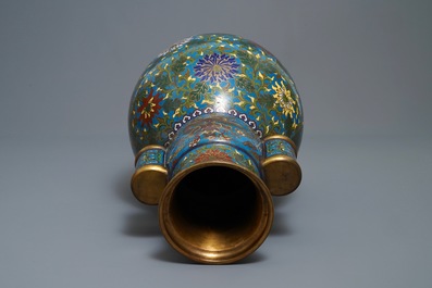 A large Chinese cloisonn&eacute; hu vase with lotus scrolls, marked Qi Yu Bao Tung Chih Chen, 19th C.