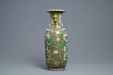 A Chinese brown- and celadon-ground famille rose vase, 19th C.