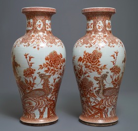 A pair of large Chinese iron red and gilt 'phoenixes' vases, Qianlong