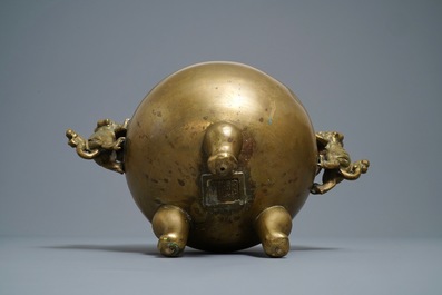 A large Chinese bronze tripod censer on stand, 19th C.
