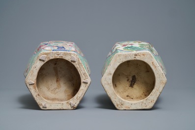 A pair of Chinese hexagonal famille rose vases, 20th C.