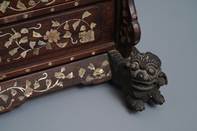 A Chinese mother-of-pearl-inlaid wooden screen with silk embroidery, 19th C.