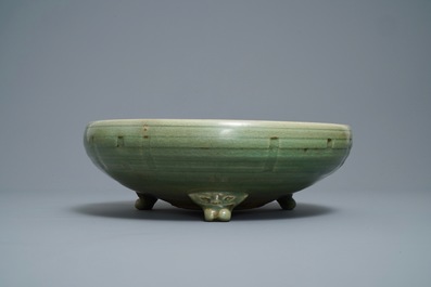 A large Chinese Longquan celadon tripod incense burner, Ming